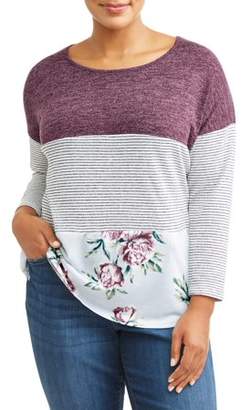 Tru Self Women's Plus Size Tri-Block Strip Floral Blouse