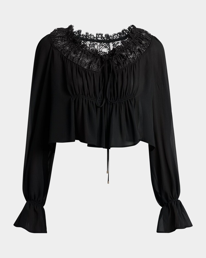 Chloé Ruched Lace Silk Peasant Blouse