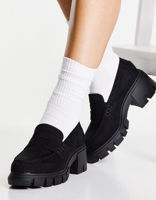 ASOS DESIGN Wide Fit Storm chunky mid heeled loafers in black