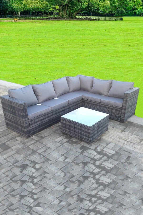 Fimous Rattan Corner Sofa Set Square Coffee Table 6 Seater With Cushion
