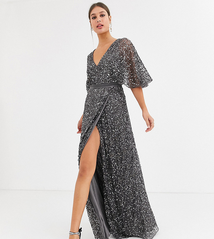 Maya Tall Bridesmaid delicate sequin wrap maxi dress in dark gray -  ShopStyle