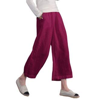 Ecupper Womens Loose Cotton Capris Plus Size Casual Elastic Waist Trouser Cropped Wide Leg Pants M