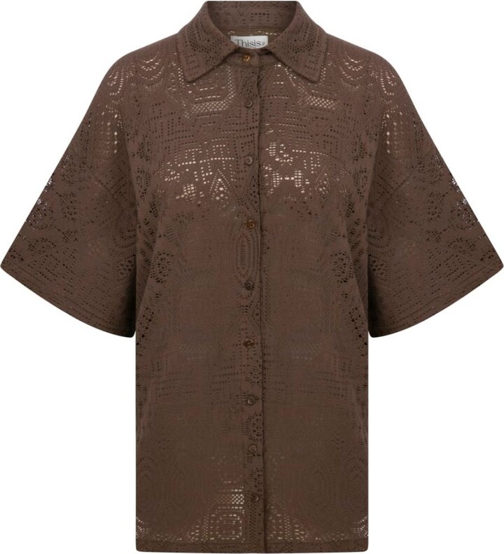 Thisisu Collection Brown Natura Ease Shirt - Oversized Crochet Effect Wide Sleeve Shirt - Mocha Muse