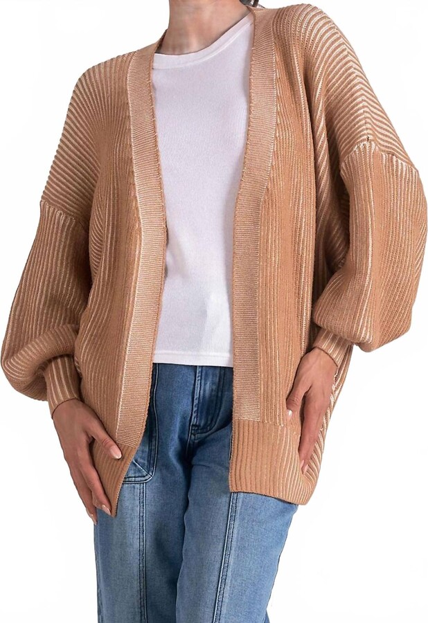 Elan International Rib Relaxed Cardigan In Tan/white