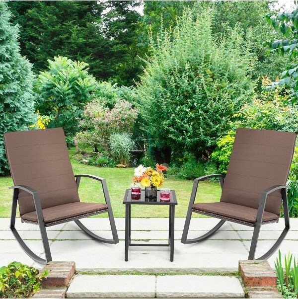 Costway Costway3PCSPatioRattanRockingChairTableFurnitureSetYardCushionBrown