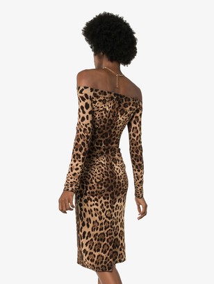 Dolce & Gabbana Off-The-Shoulder Leopard Print Midi Dress