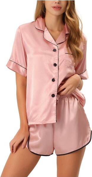 cheibear Women's Silky Satin Polka Dots Nightwear with Shorts Lounge Set  Pink Large