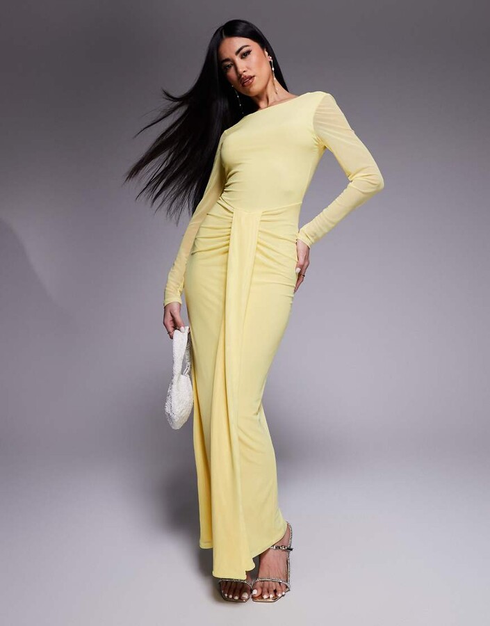 ASOS DESIGN mesh long sleeve slash neck open back maxi dress with sash in pastel yellow