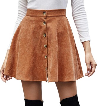 Frobukio Womens Faux Suede Skirt Button Closure A-Line High Wasit Mini Short Skirt (Black S)