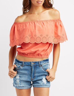 Charlotte Russe Eyelet Ruffle Off-The-Shoulder Crop Top