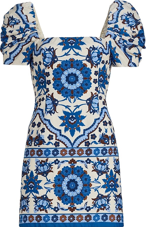 Cara Cara Women's Kelly Tile Print Puff-Sleeve Minidress - Mystic Blue - Size XS