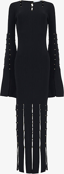 Leem Womens Black Metal-Embellished Fringed Ribbed-Knit Midi Dress S