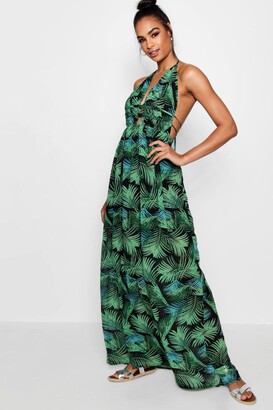 boohoo Tall Plunge Front Palm Print Maxi Dress