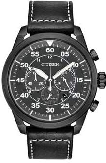 Citizen Eco-Drive Black Stainless Steel Leather Strap Watch