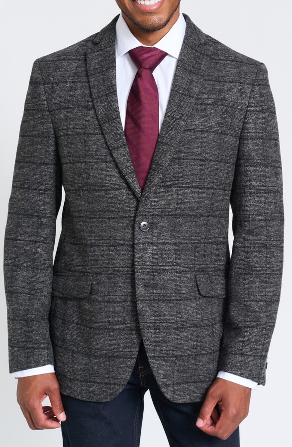 SAVILE ROW CO Gray Windowpane Plaid Bouclé Blazer