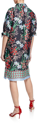 Rickie Freeman For Teri Jon Floral-Print Button-Front Elbow-Sleeve Shirtdress