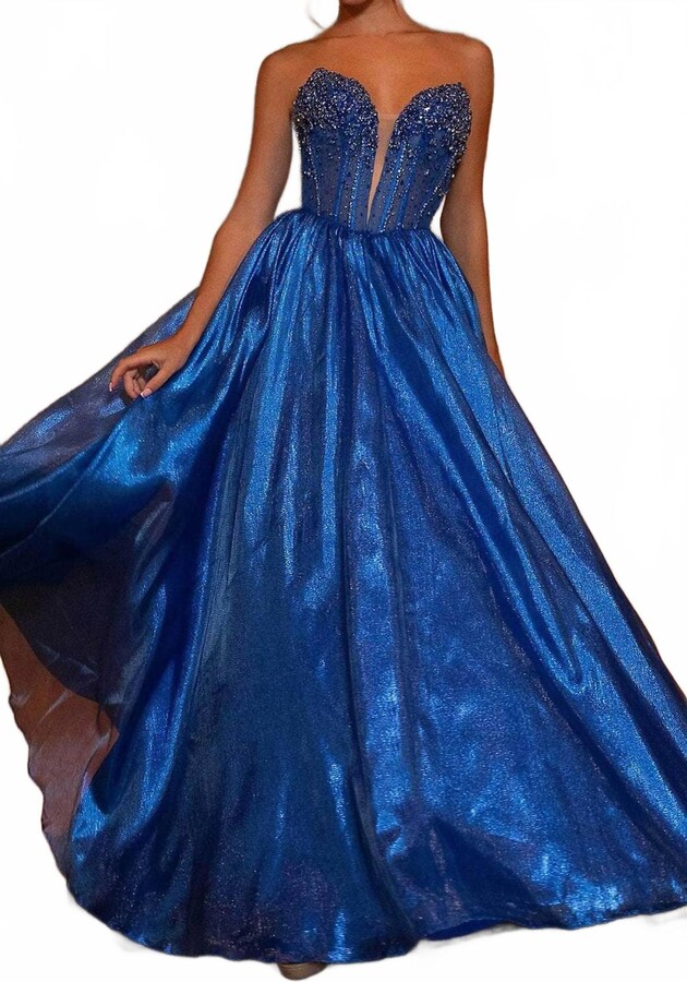 RACHEL ALLAN Plunging V-Neck Shimmer Ball Gown In Royal