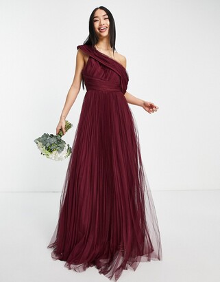 ASOS DESIGN Bridesmaid off shoulder tulle maxi dress with pleated skirt in oxblood