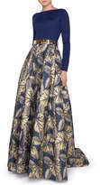 Thumbnail for your product : Mac Duggal Ieena for Bateau-Neck Long-Sleeve Pleated Gown w/ Leaf-Print Skirt