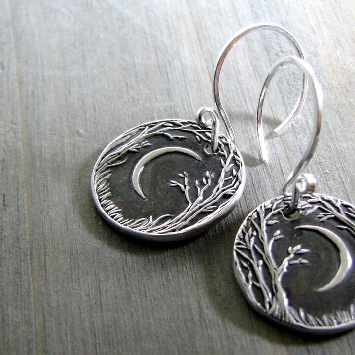 Etsy Forest Moon Earrings Fine & Sterling Silver Handmade in Recycled Silver From Original Carving By Silverwishes
