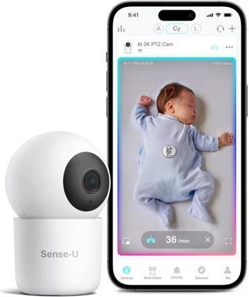 Sense-U 2K PTZ Baby Monitor Camera with 2K HD Video, Background Audio, Cry Detection, No Monthly Fee, Sensor-Free Sleep Breathing Movement...