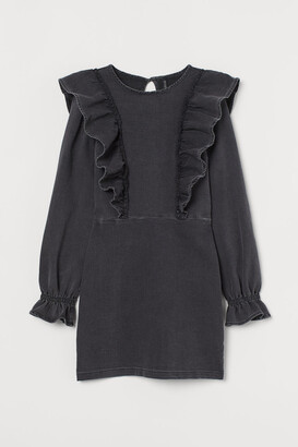 H&M Ruffle-trimmed Denim Dress - Black