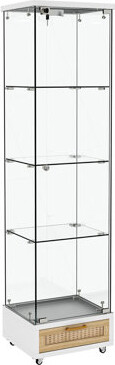 Petal Perfecto Modern Glass Display Cabinet With Drawer  Quick-Assembly Antique Cabinet With LED Lights Tempered Glass Bookshelf 1-Door Storage Case With 4 Shelv
