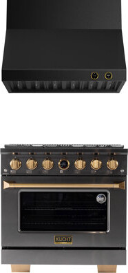 Kucht 36 In. 5.2 Cu. Ft. 6 Burners Dual Fuel Range For Natural Gas In Titanium Stainless Steel + Wall Mount Range Hood