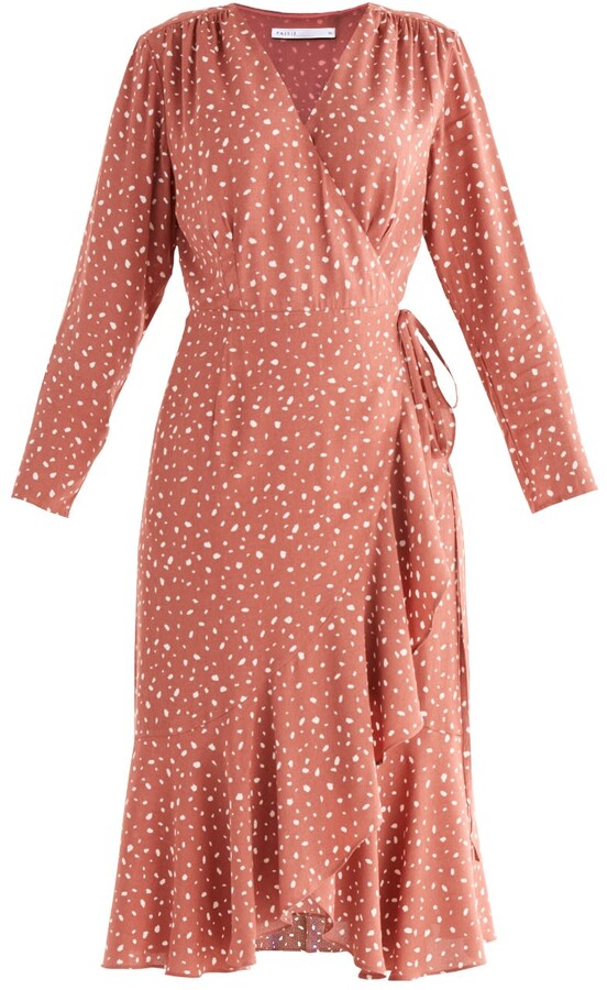 Bella 70S Vintage Inspired Pink Brown and Off White Print Wrap Dress 
