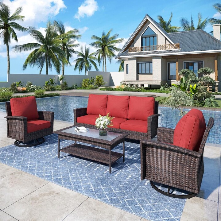Black 4-Pieces Metal Patio Conversation Sectional Seating Set with Swivel Sofa Chairs, Glass Top Table and Red Cushions