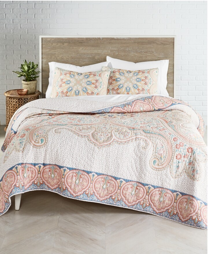 Stewart Collection Paisley Vine Cotton Crewelwork Twin Quilt Bed Set Crewelwork Navy Twin M 