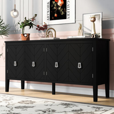 Four-Door Sideboard With Intricate Geometric Lines And Vintage Metal Handles, , 62.34In.D X 15.39In.W 31.94In.H For Living Room Black Doors Retro Ampl