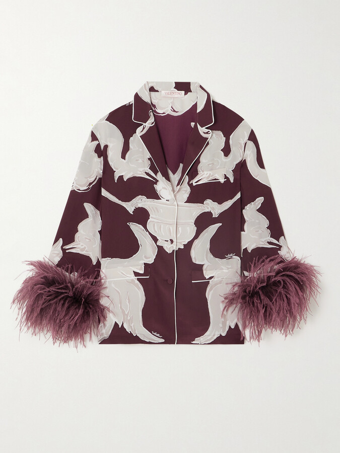 Valentino Garavani Feather-trimmed Printed Silk Crepe De Chine Shirt - Burgundy