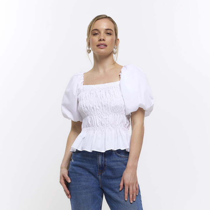 River Island Womens Petite White Shirred Puff Sleeve Top ShopStyle