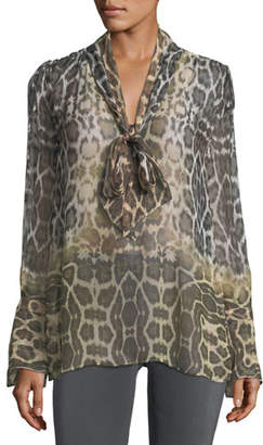 Equipment Jacqueleen Tie-Neck Long-Sleeve Leopard-Print Chiffon Blouse