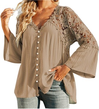DVAA Ladies Lace Hollow Tunic Tops Elegant V Neck Shirts Long Sleeve Blouses  for Women Hide Belly Pleated Top Loose Fit Button Shirt Khaki - ShopStyle