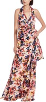 Floral Print Halter Gown with Drape 
