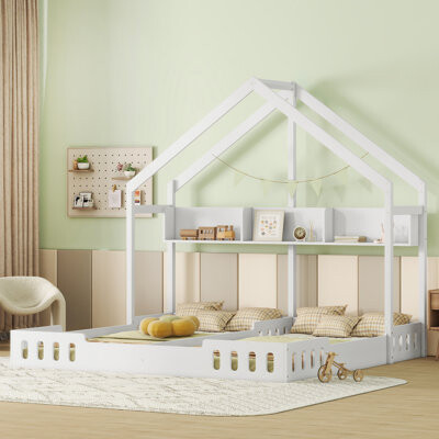 Harper Orchard Wood Twin Size House Platform Beds with Two Shared Frames, Shelves and Guardrail, White