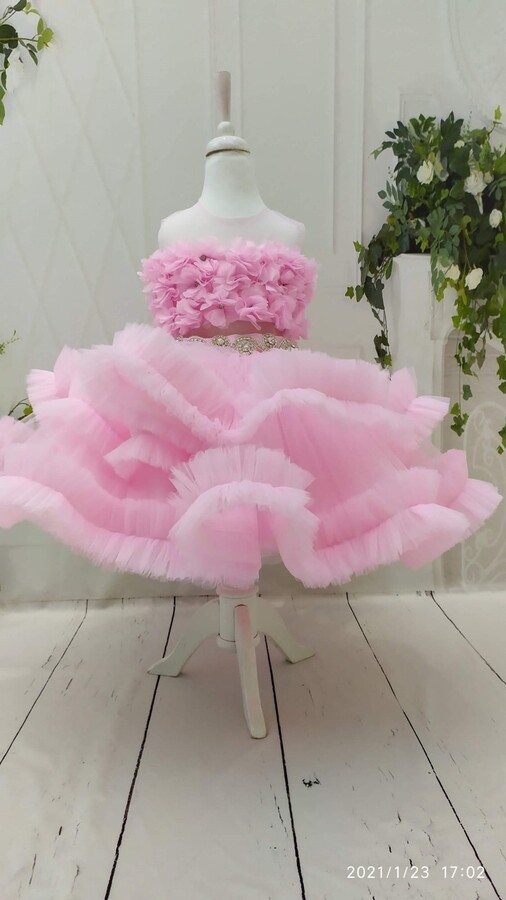 Pink Tulle Flower Girl Dress Ruffled Puffy Tutu