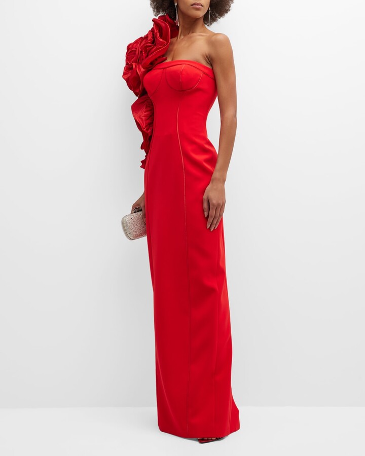 Carolina Herrera One-Shoulder Column Gown with Dramatic Rosette Detail ...