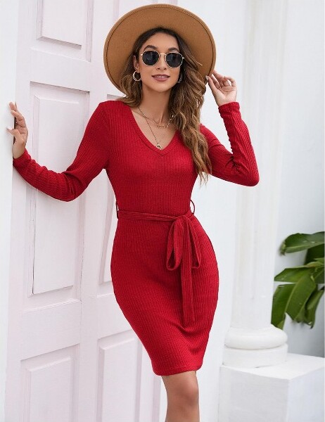Coolmee Women V Neck Long Sleeve Bodycon Wrap Mini Sweater Dress With Belt Wine Red S