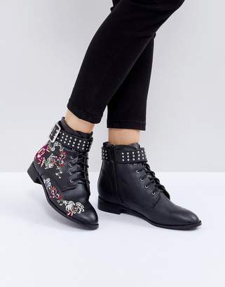 Miss Selfridge Embroidered Flat Ankle Boot