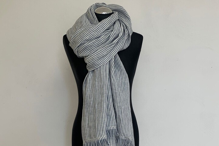 Etsy Summer Gift Idea, Blue Stripes Softened Linen Scarf, Natural Lightweight Linen, Prewashed Wrap, Unisex Shawl, Accessories