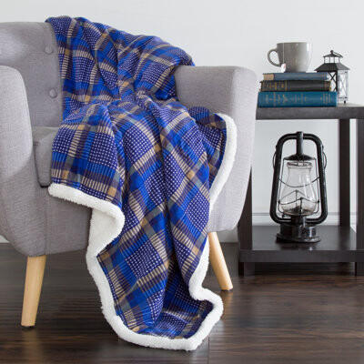Lavish Home Reversible Plaid Fleece Blanket – 50-Inch x 60-Inch Machine-Washable Sherpa Throw – Cozy Blanket for Couch, Chair, or Bed