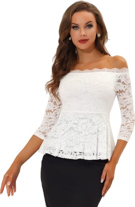 Allegra K Women's Lace Blouses Sheer 3/4 Sleeves Peplum Floral Blouse Top  White 16 - ShopStyle