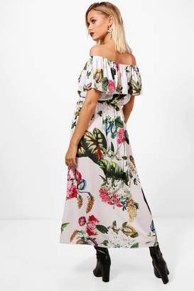 boohoo Tropical Print Off the Shoulder Maxi Dress