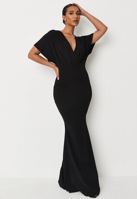 black crepe long sleeve open back fishtail maxi dress