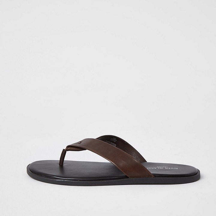 River Island Dark brown leather flip flops ShopStyle Sandals