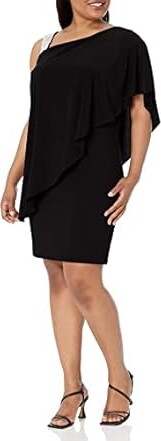 R & M Richards R&M Richards Women's Knee-Length One-Shoulder Dress W/Rhinestone Strap & Asymmetric Draped Overlay Black