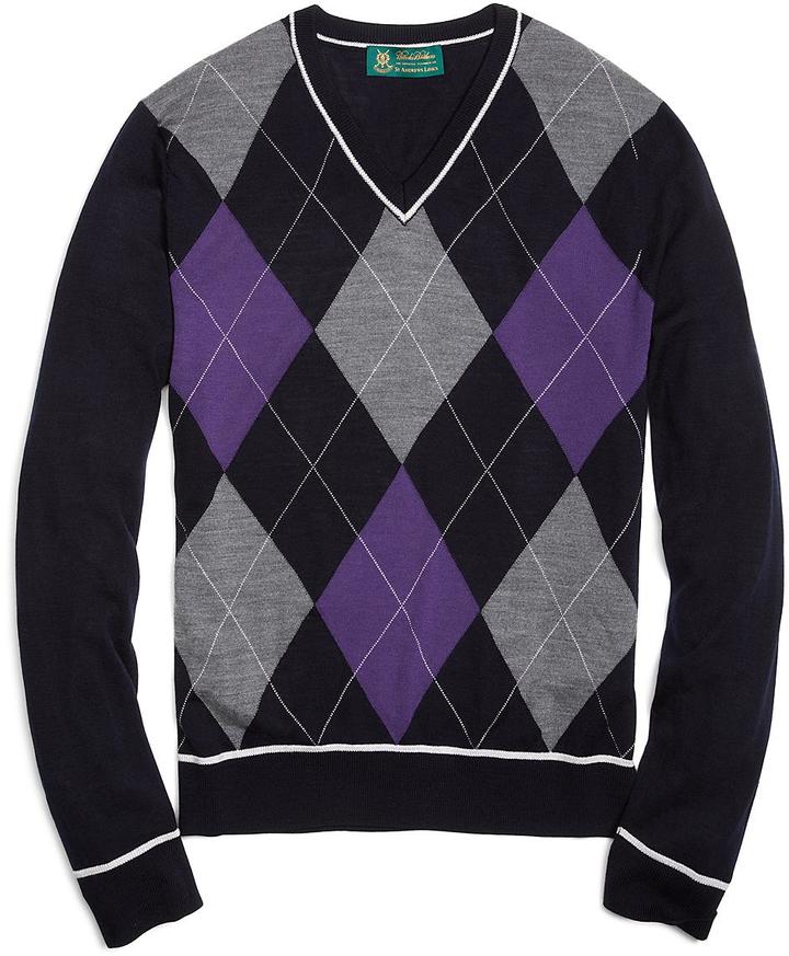 Brooks Brothers Country Club Saxxon® Wool Large Argyle V-Neck Sweater ...